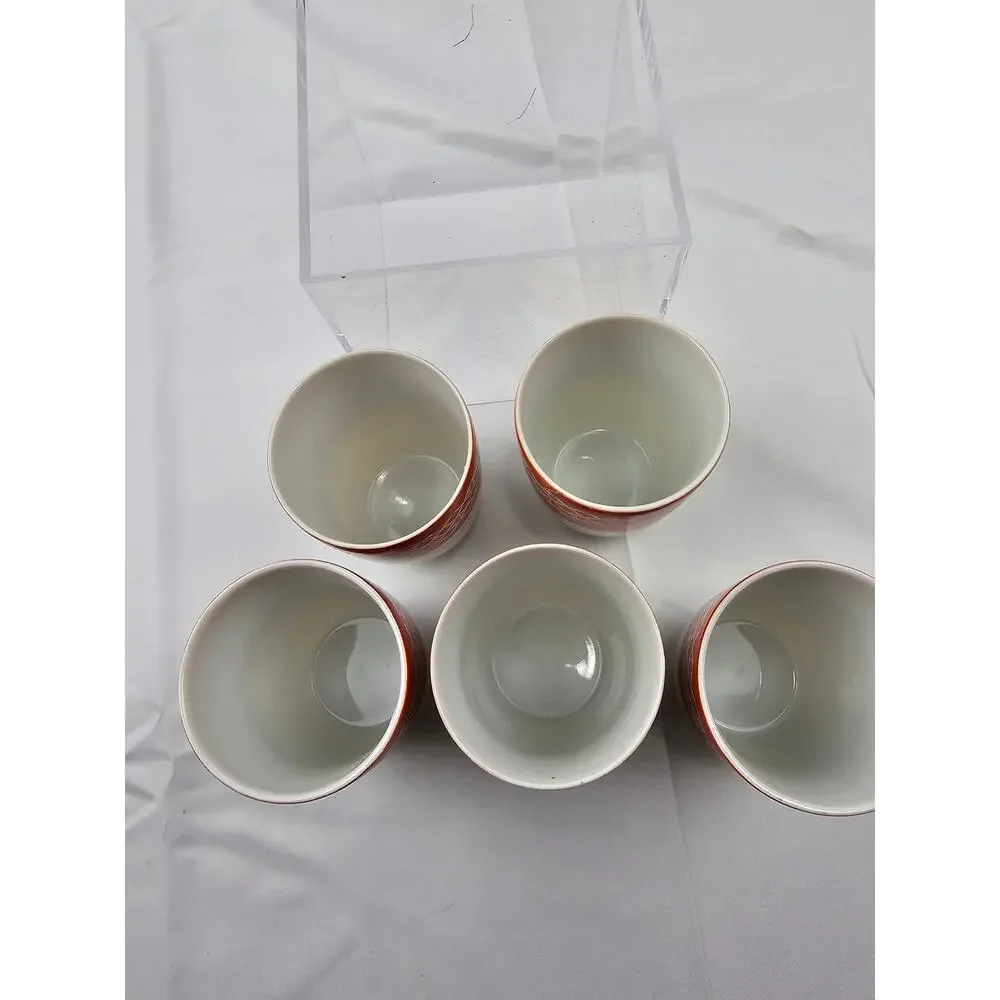 Japanese Ceramic Tea Cup Set of 5 Red White Lattice Gold Rim Signed with Box‎